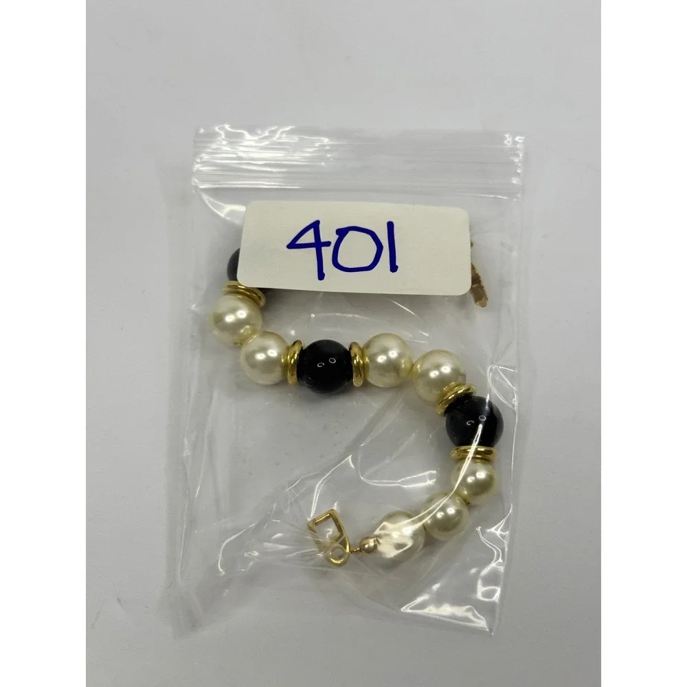 Napier Vintage Faux Pearl Black‎ Bead Bracelet Gold Tone Y2K Chunky Statement